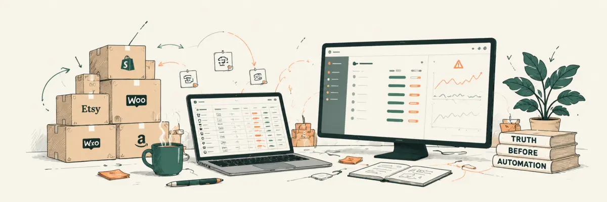 Illustrated ecommerce workspace with store boxes, product tables, and monitoring screens