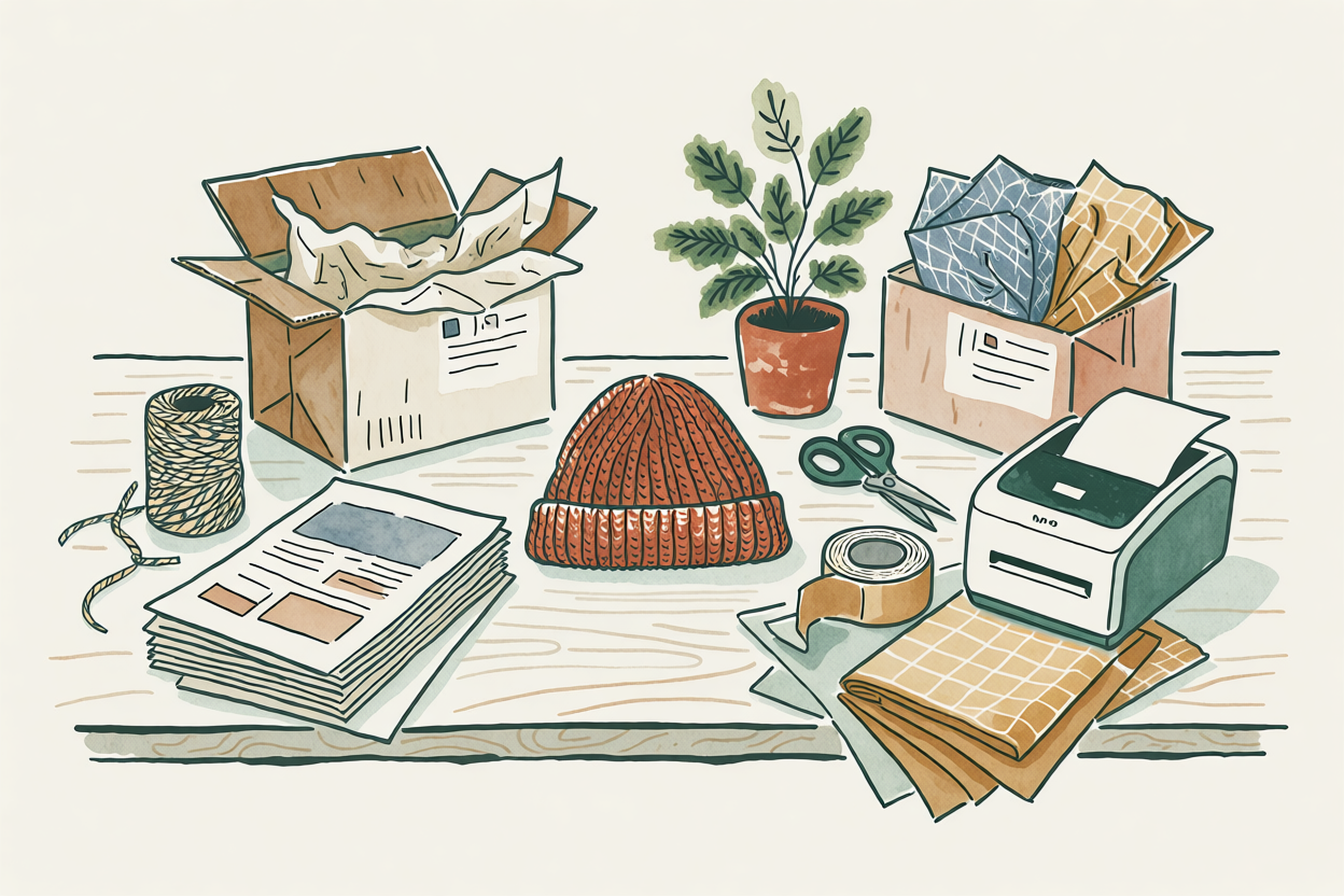 A seller’s packing table with a knitted beanie, parcels, packing materials and a printer.