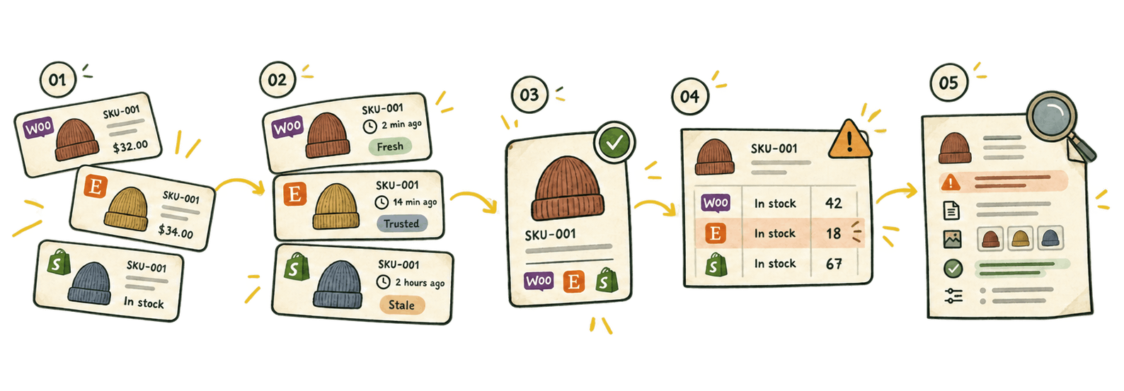 GNIZDO process from channel observations through trusted evidence, confirmed product identity, evaluation and explanation.