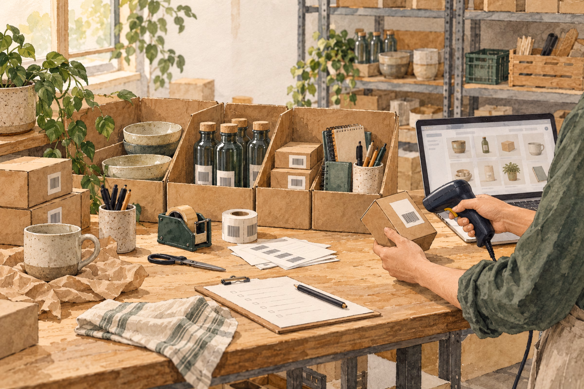 A small ecommerce receiving station with product bins, a barcode scanner, labels and a partial catalog laptop.