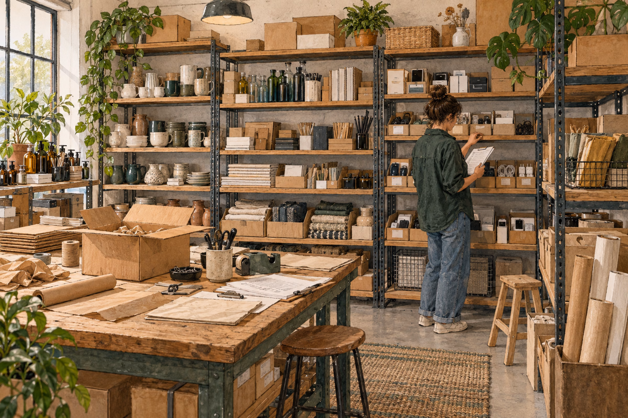 A small seller stockroom with shelves, bins, products, packing traces and a person checking inventory.