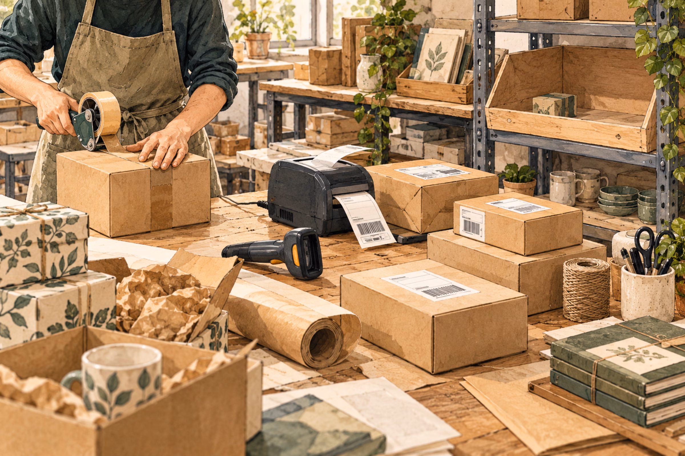 An active packing area with parcels, a label printer, scanner and a nearly empty shelf location.