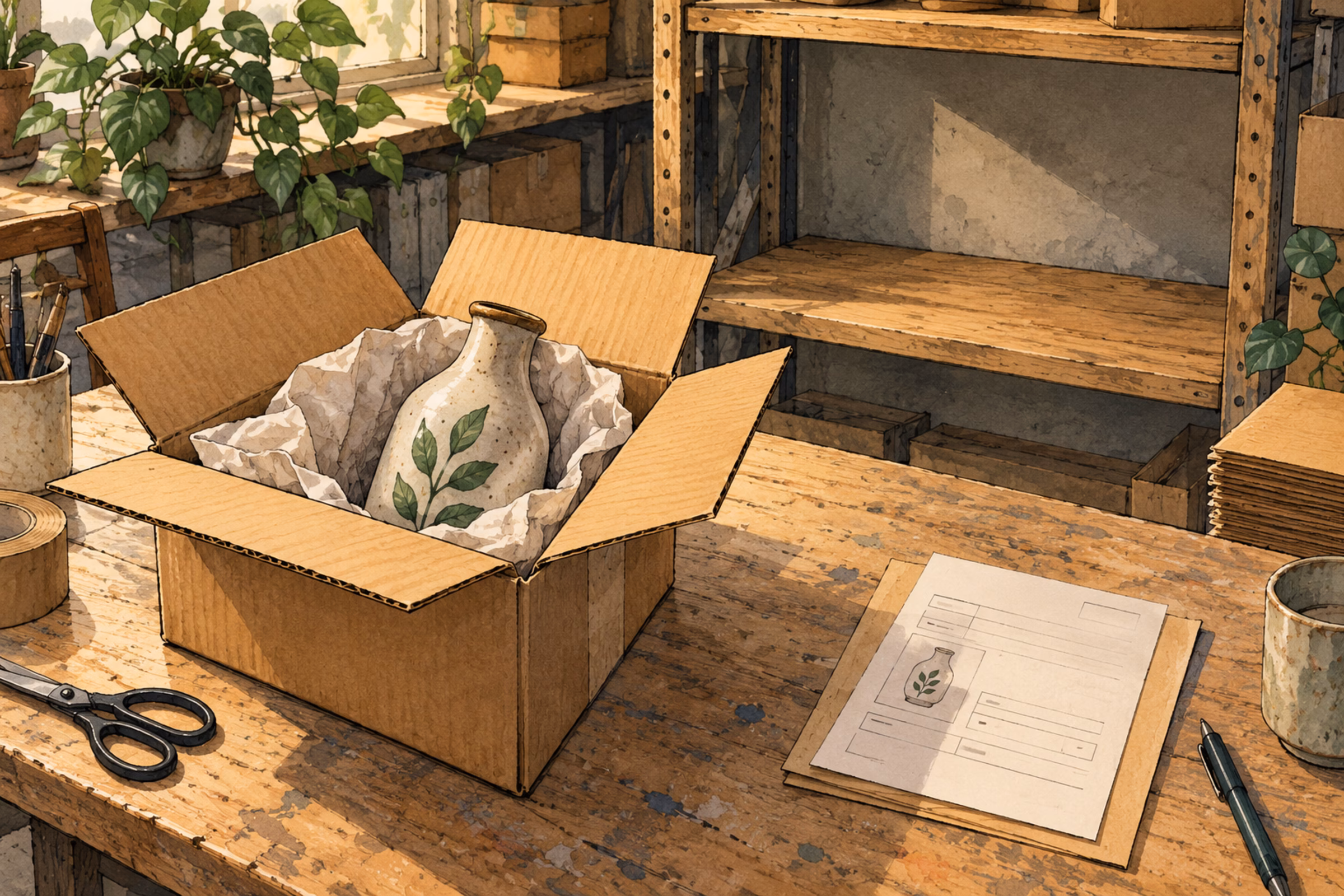 A final ceramic unit in a packing box beside fulfillment paperwork and an empty shelf location.