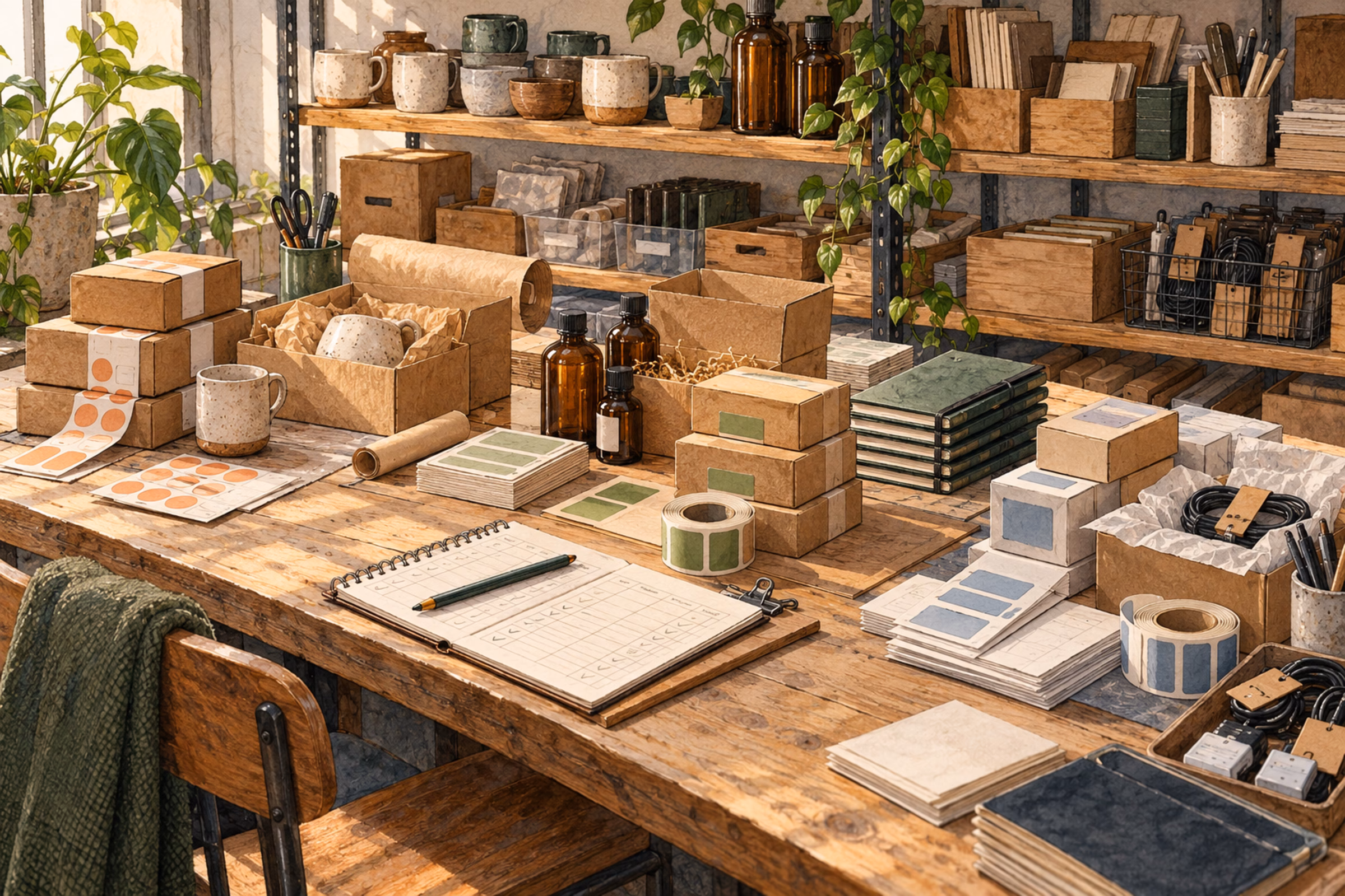 A small seller workspace with shared shelves, packing materials, paperwork and a manual channel-check notebook.