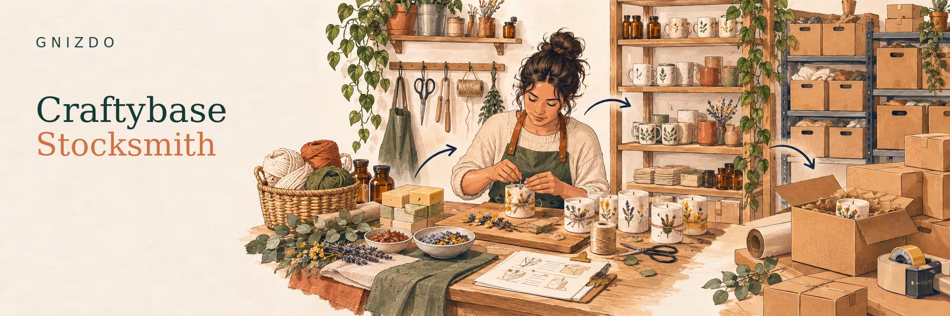 GNIZDO illustration of Craftybase and Stocksmith maker inventory workflows with materials, production, finished stock and parcels.