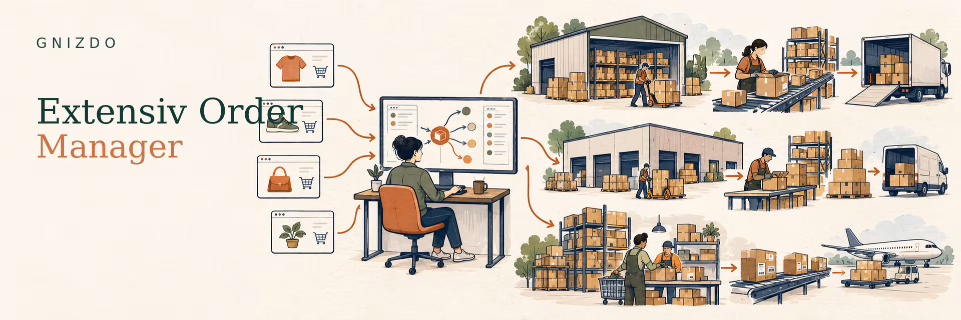 GNIZDO illustration of Extensiv Order Manager routing orders through fulfillment centers, warehouses and shipping destinations.