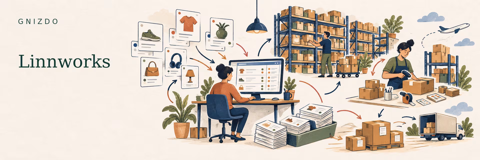 GNIZDO illustration of Linnworks connecting multichannel listings, orders, inventory, warehouse picking and shipping.
