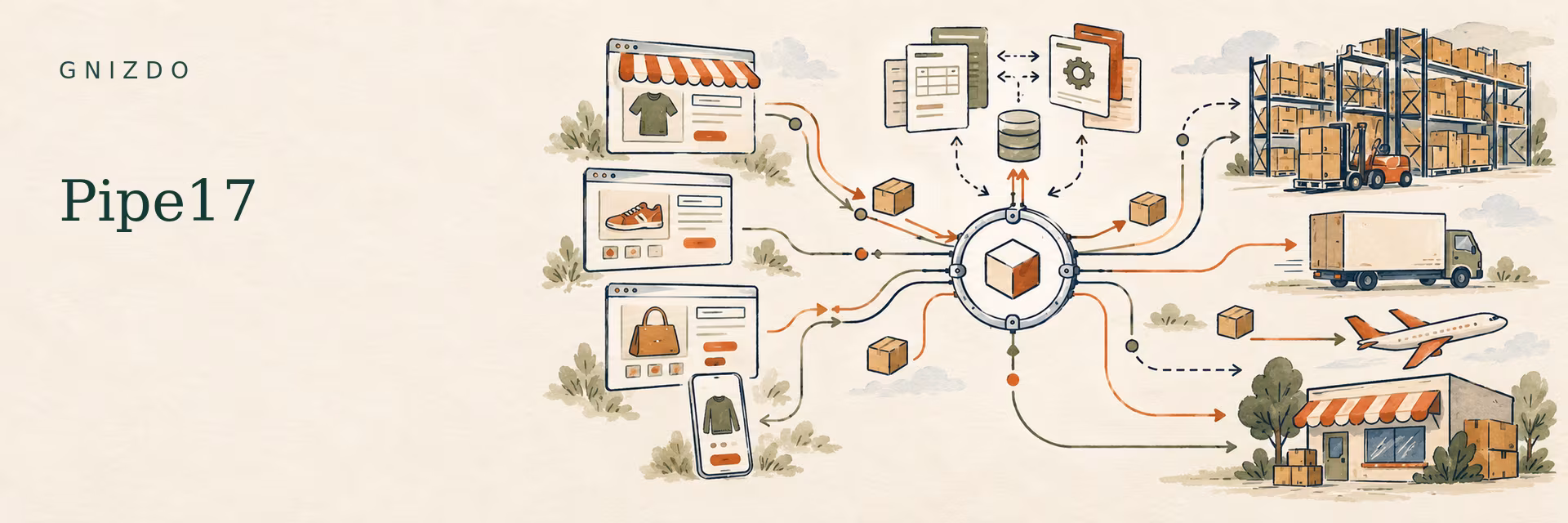 GNIZDO illustration of Pipe17 routing orders and inventory between stores, ERP systems, warehouses and fulfillment destinations.