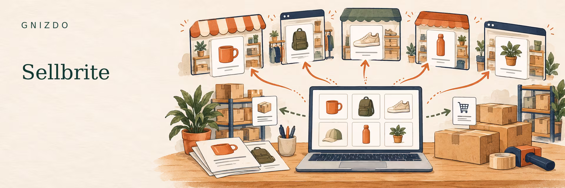 GNIZDO illustration of Sellbrite sending a central catalog to multichannel listings while syncing inventory and orders.
