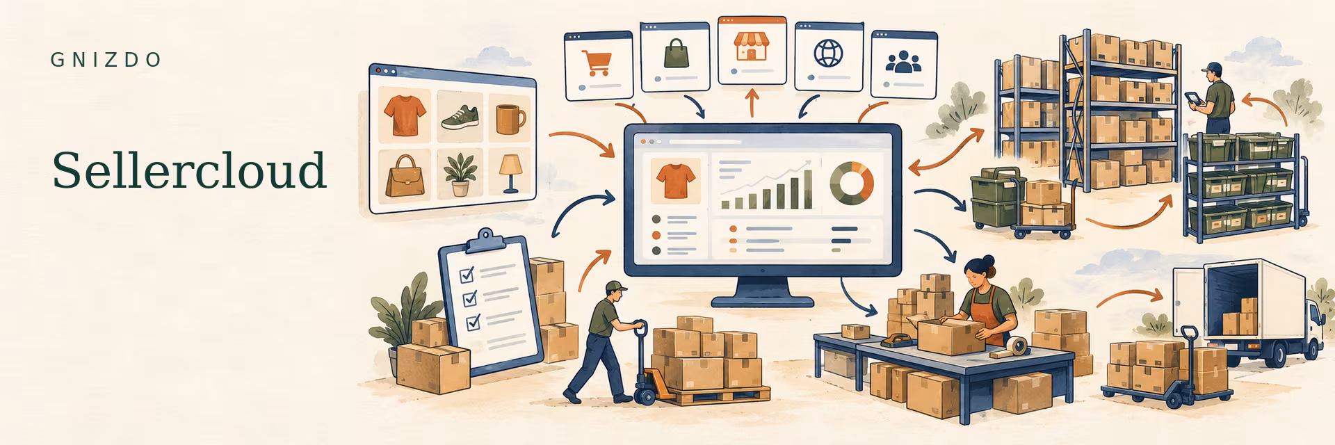 GNIZDO illustration of Sellercloud connecting catalog, purchasing, inventory, warehouse execution and shipping.