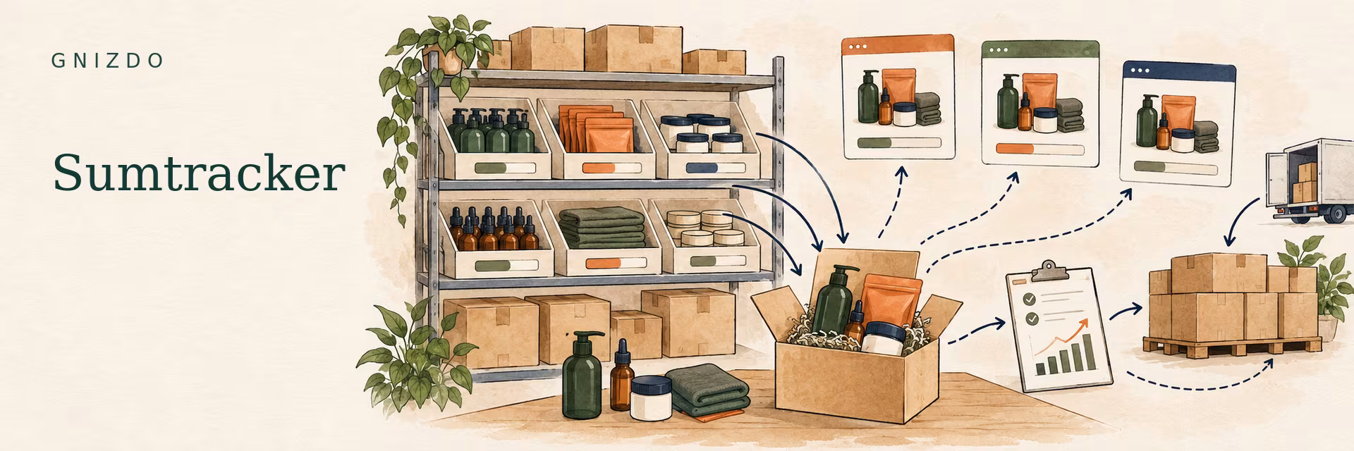GNIZDO illustration of Sumtracker syncing stock, assembling bundles and triggering replenishment workflows.