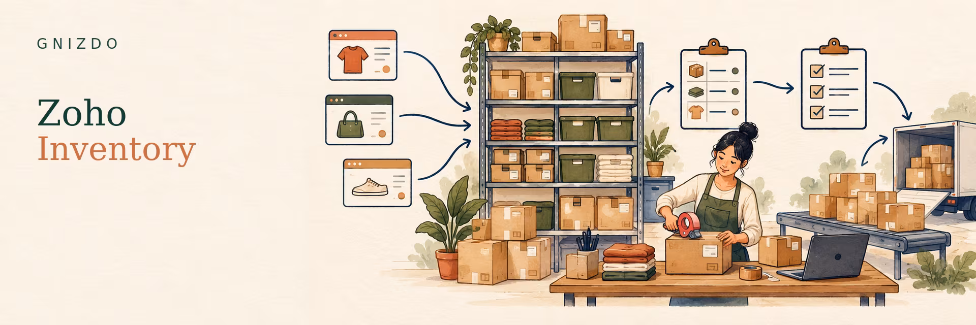 GNIZDO illustration of Zoho Inventory connecting storefronts, stock shelves, orders, packing and outgoing parcels.