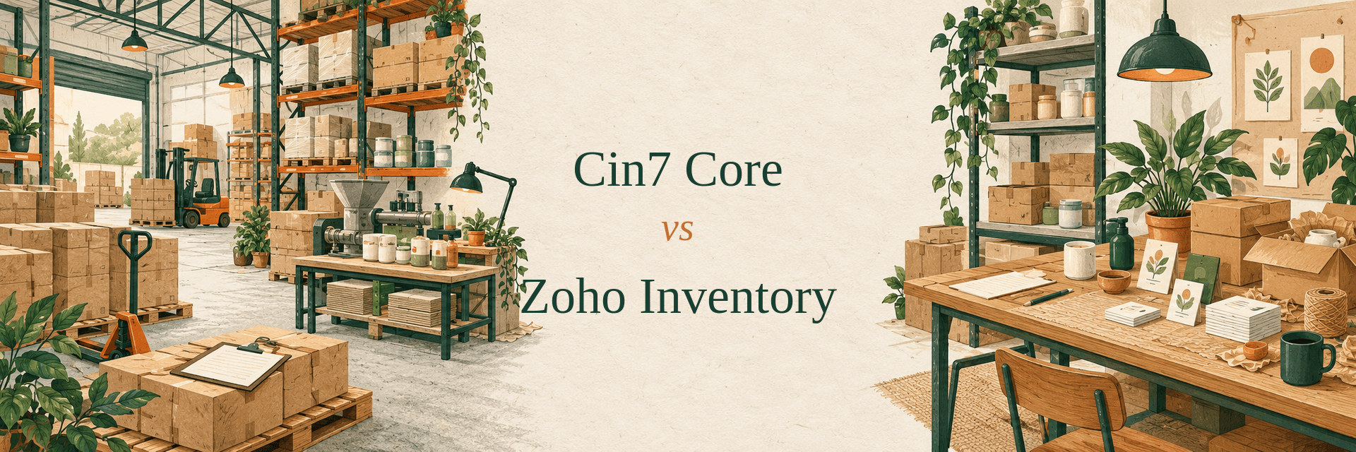 Editorial comparison illustration for Cin7 Core versus Zoho Inventory, showing a warehouse operation and a small-business inventory desk.