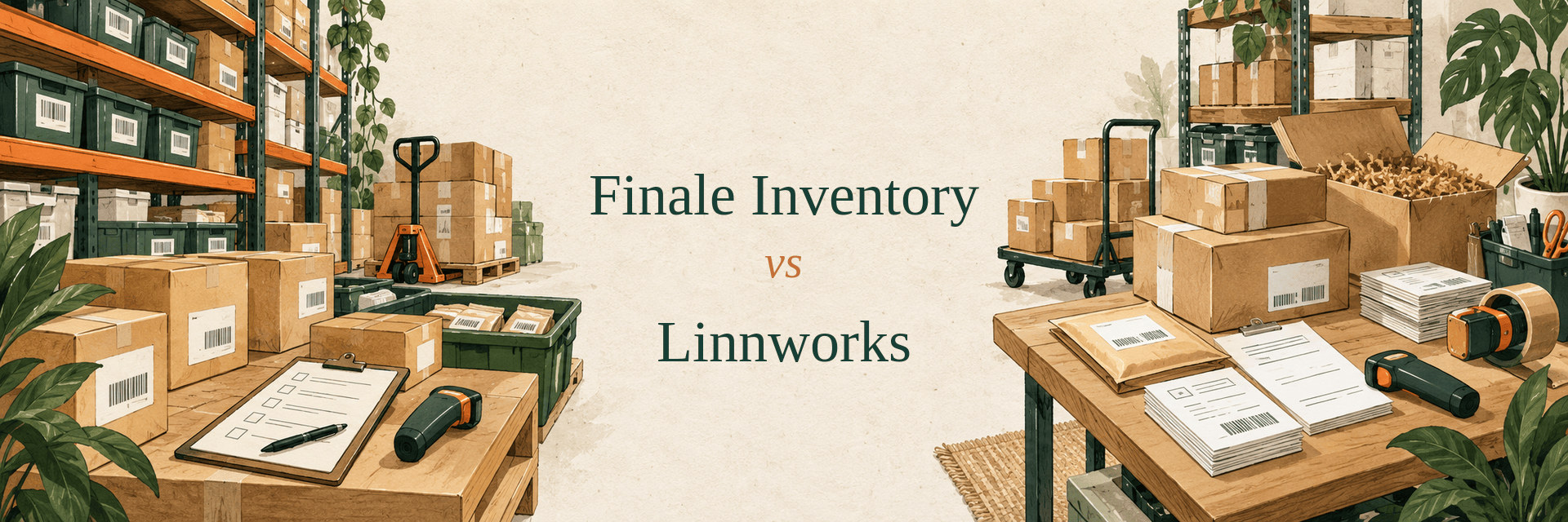 Editorial comparison illustration for Finale Inventory versus Linnworks, showing inventory control and shipping operations.