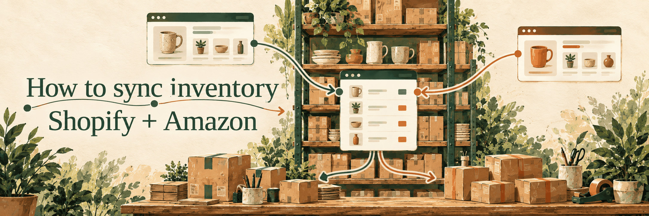 Editorial illustration of marketplace channels connected to a warehouse stock source and a parcel.