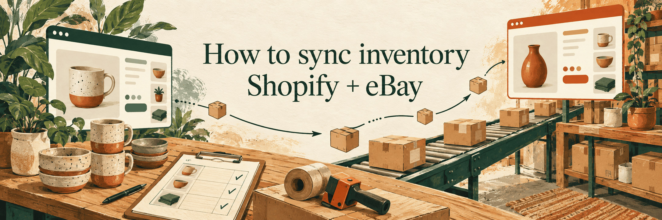 Editorial illustration of two marketplace listings connected to shared stock on a packing workbench.
