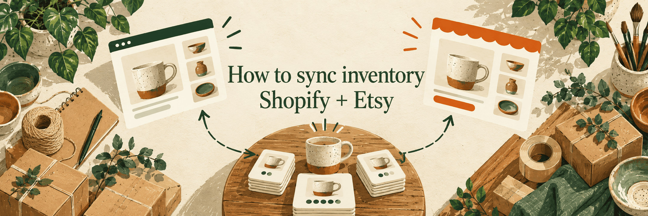 Editorial illustration of Shopify and Etsy listings connected to shared inventory evidence.