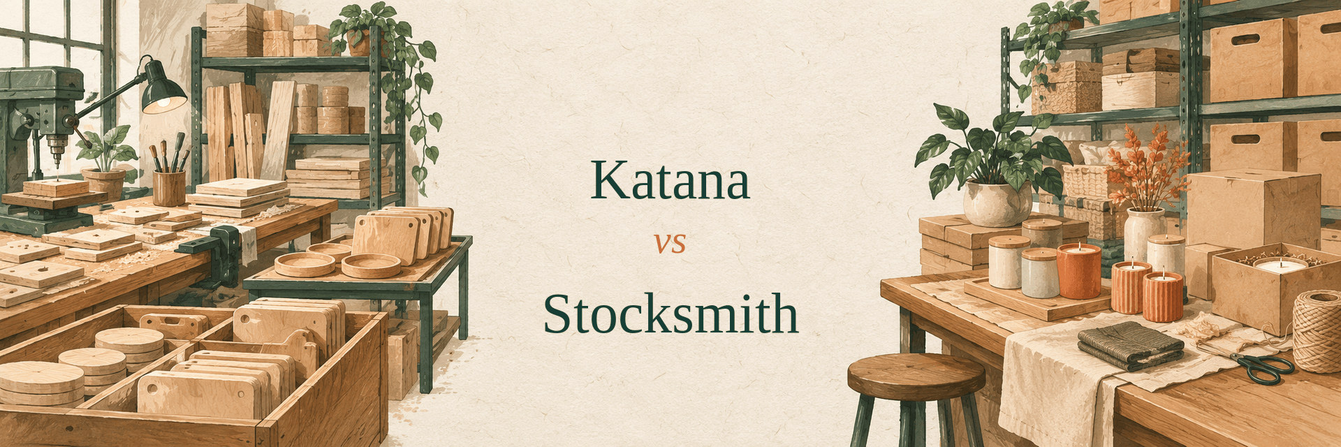 Editorial comparison illustration for Katana versus Stocksmith, showing a manufacturing bench and a maker's inventory worktable.