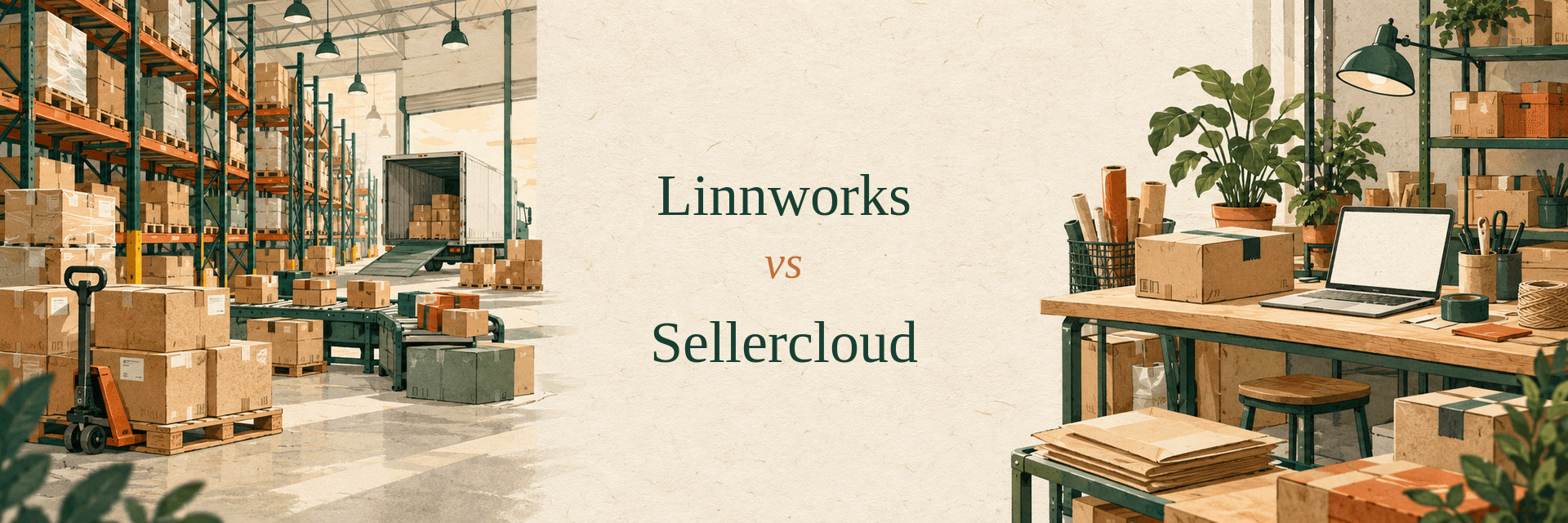Editorial comparison illustration for Linnworks versus Sellercloud, showing an omnichannel warehouse and ecommerce operations desk.