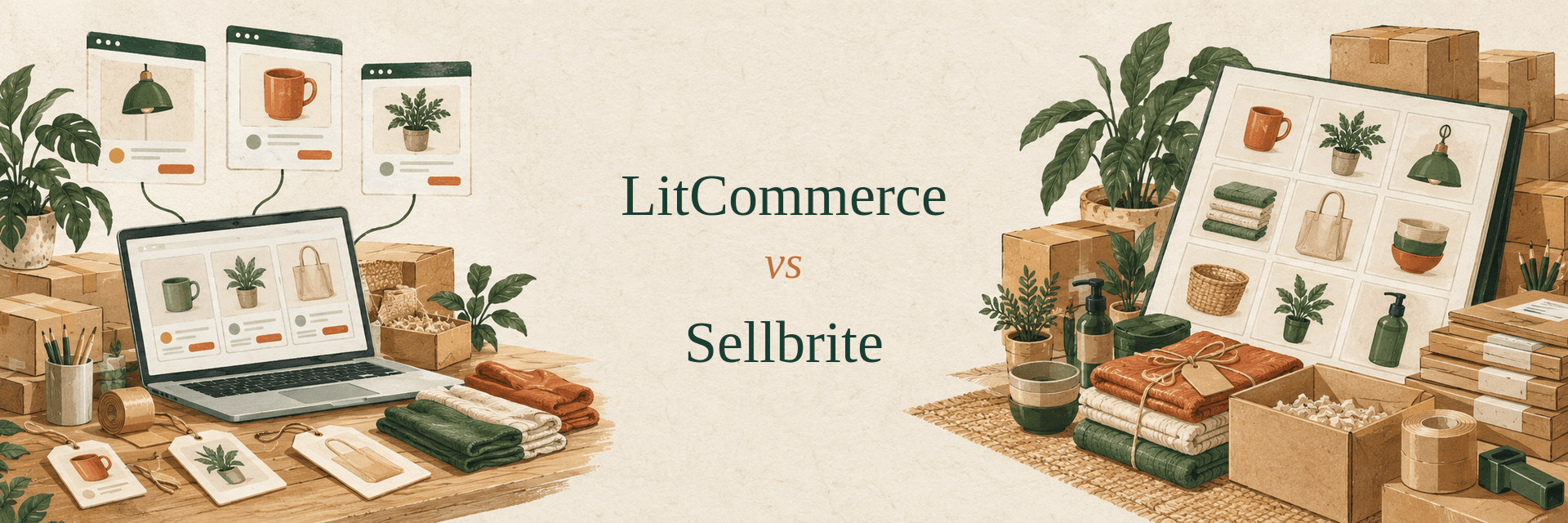 Editorial comparison illustration for LitCommerce versus Sellbrite, showing marketplace listings and a catalog selling desk.