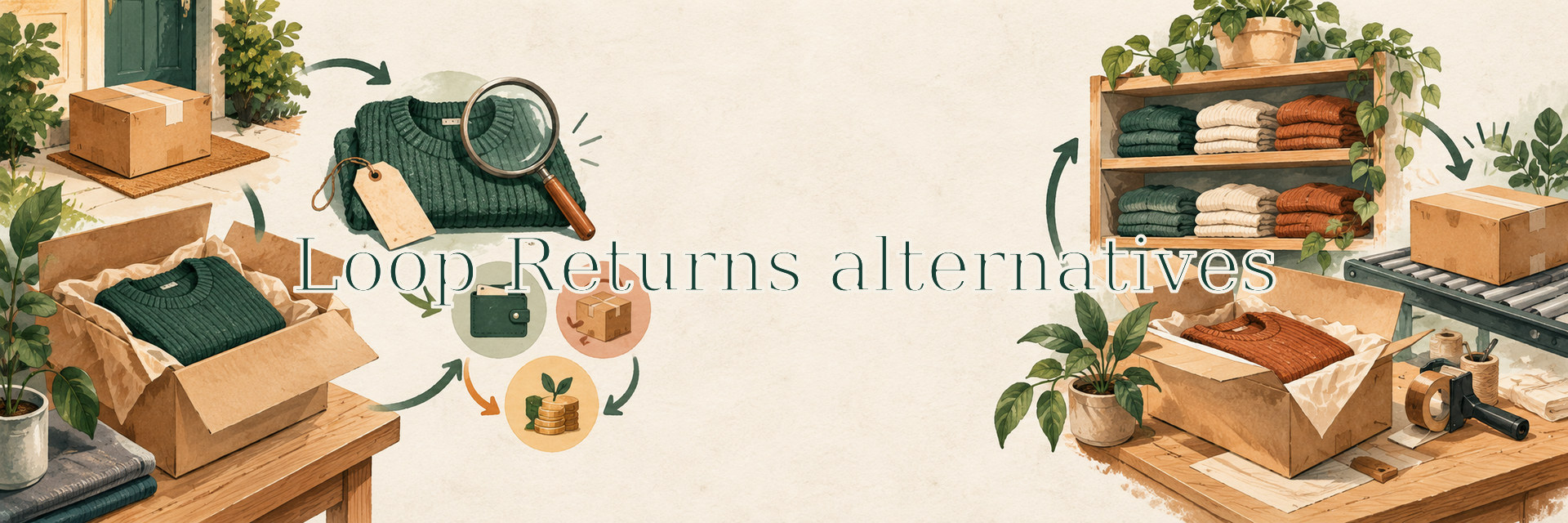 Editorial illustration of returns moving from customer drop-off through inspection, restocking, exchange and resale workflows.