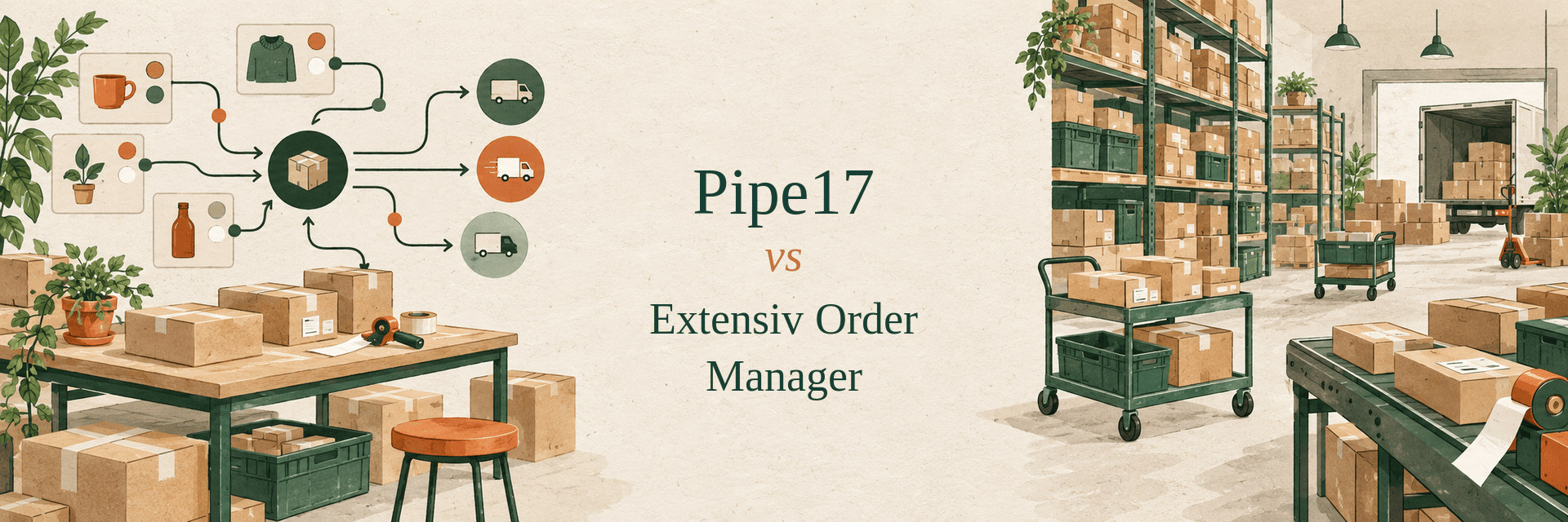 Editorial comparison illustration for Pipe17 versus Extensiv Order Manager, showing order routing and fulfillment operations.