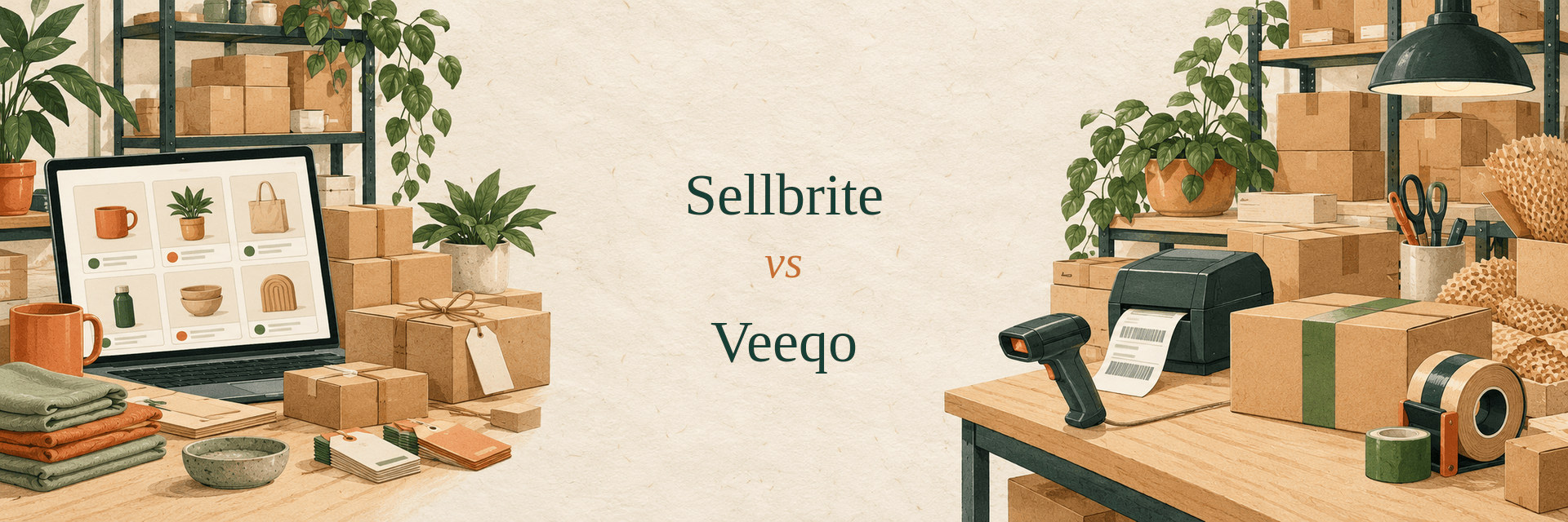 Editorial comparison illustration for Sellbrite versus Veeqo, showing product listings and a fulfillment station.