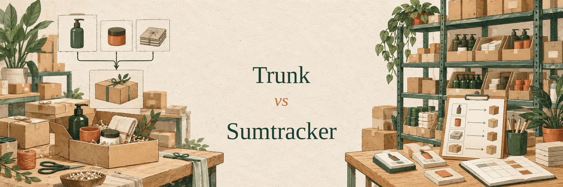 Editorial comparison illustration for Trunk versus Sumtracker, showing product bundles and replenishment planning.